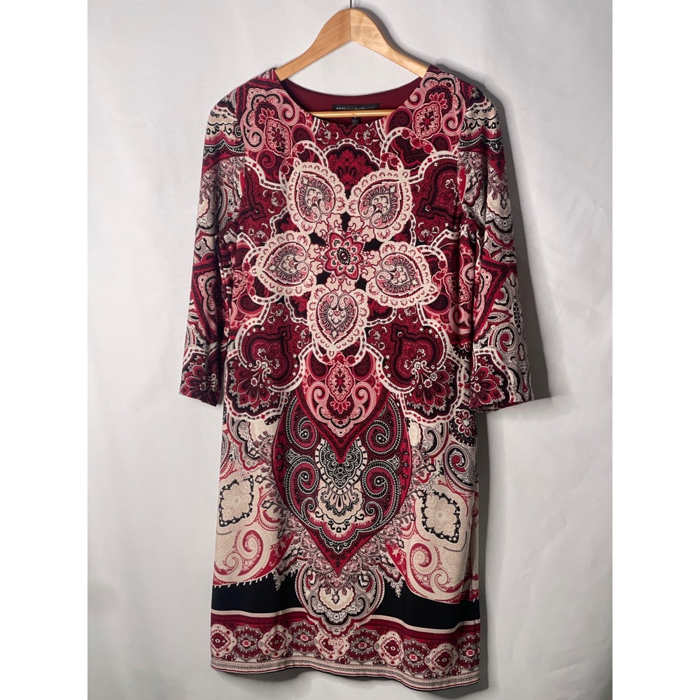 White House Black Market Red Paisley Medallion 3/4 Sleeve Shift Dress Size M